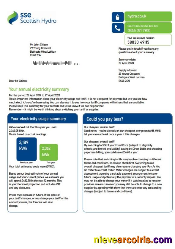 United Kingdom SSE Energy utility bill version 2